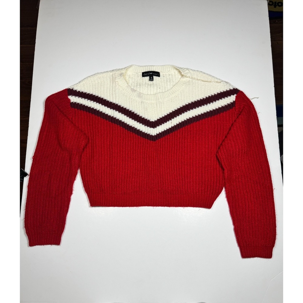 Derek Heart Crop Sweater Women Medium Red White Ribbed Knit Long Sleeve Pullover